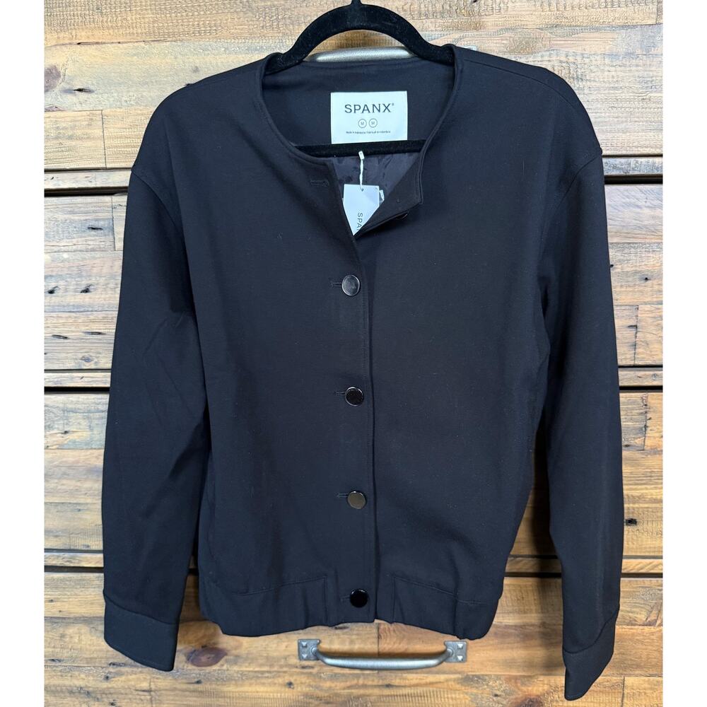 Spanx Jacket Women's Medium Black Ponte Femme Bomber Button Front NWT Collarless